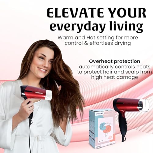 Image of GUSTTO Foldable Hair Dryer 1100W | Compact Travel-Friendly Hair Dryer with Foldable Handle, Hanging Ring, 2 Heat & Speed Settings, Lightweight & Portable (Wine Red), BIS Certified