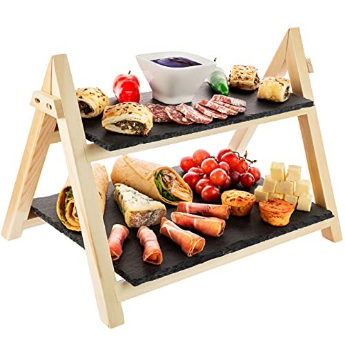 Nyxi Slate Cake Stand Serving Board Premium. Pine Wood Rustic Slate Boards 2 Tier Foldable Rack Food Serving Tapas Sushi Appetiser Dishes Serving Tray Plates Platters (3 X Cake Stand)