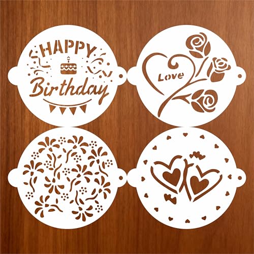 Cake Stencils Set 4 Templates - Happy Birthday, Love, Hearts, Floral - Reusable Laser-Cut for Fondant Buttercream Painting, Baking & DIY Decor (Art Deco) (4 Styles)