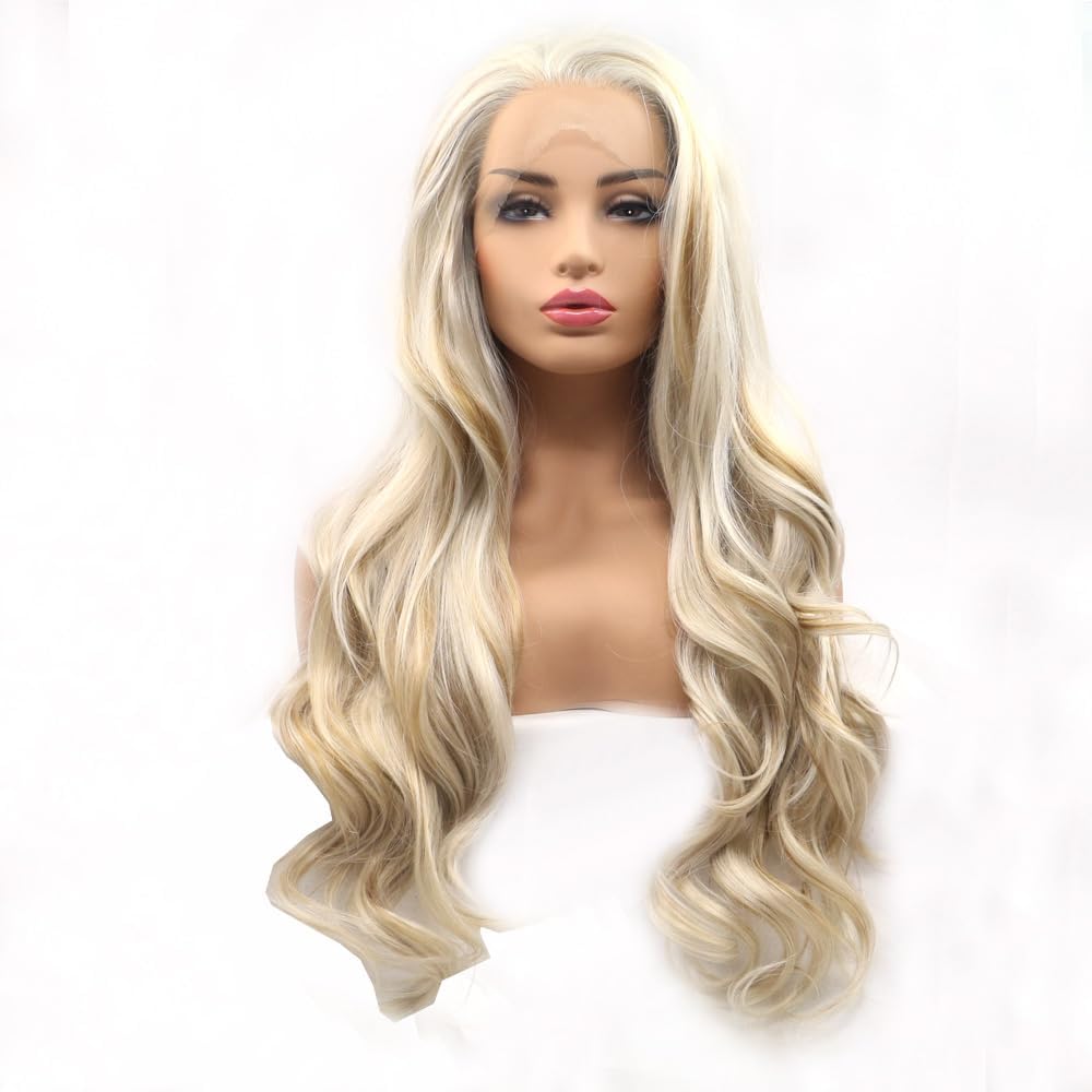 Xiweiya Long Highlight Wavy Wig Mixed Gold Brown Wig Synthetic lace Front Wig Heat Resistant Fiber Hair Replacement Hair Free Part for Women Drag Queen 24 inch