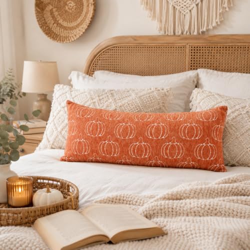 Image of Fall Pumpkin Chenille Pillow Covers 14x36 | Soft Chenille Double-Sided Pumpkin & Plaid, Thick & Cozy Farmhouse Autumn Decorative Cushion Covers for Couch Sofa Bed