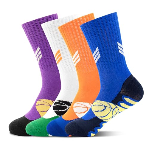 HYCLES Calcetines de baloncesto para niños, 4 pares para niños y niñas, calcetines deportivos transpirables para entrenamiento de equipo, calcetines deportivos para 6-16 años, Blanco + Naranja +