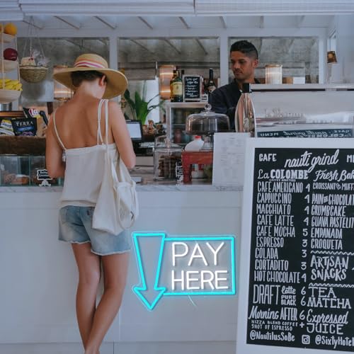 Image of Pay Here Neon Sign Bright Ice Blue White Pay Light Up Sign for Business Decor Dimmable LED Words Neon Light for Restaurant Shop Bar Neon Wall Decor (16.5 * 12.8 In)