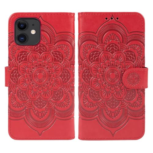 Coque à rabat iPhone 11 en cuir PU rouge avec gravure mandala chic - 4