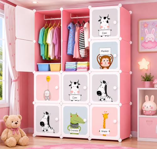 Image of EXVITO Kids Plastic Wardrobe - 12 Door Foldable Almirah for Clothes with Hanging Rod, Collapsible Wardrobe Cartoon Print Cupboard for Baby & Kids Room - KTE1