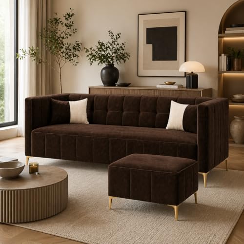 Image of SOCOZI Stylluxe 4 Seater L Shape Sofa Set with Movable Ottoman | Flexible Left or Right Layout | Soft Velvet Suede Fabric | Modern Design | Plush Comfort Cushions for Living Room (Dark Brown)