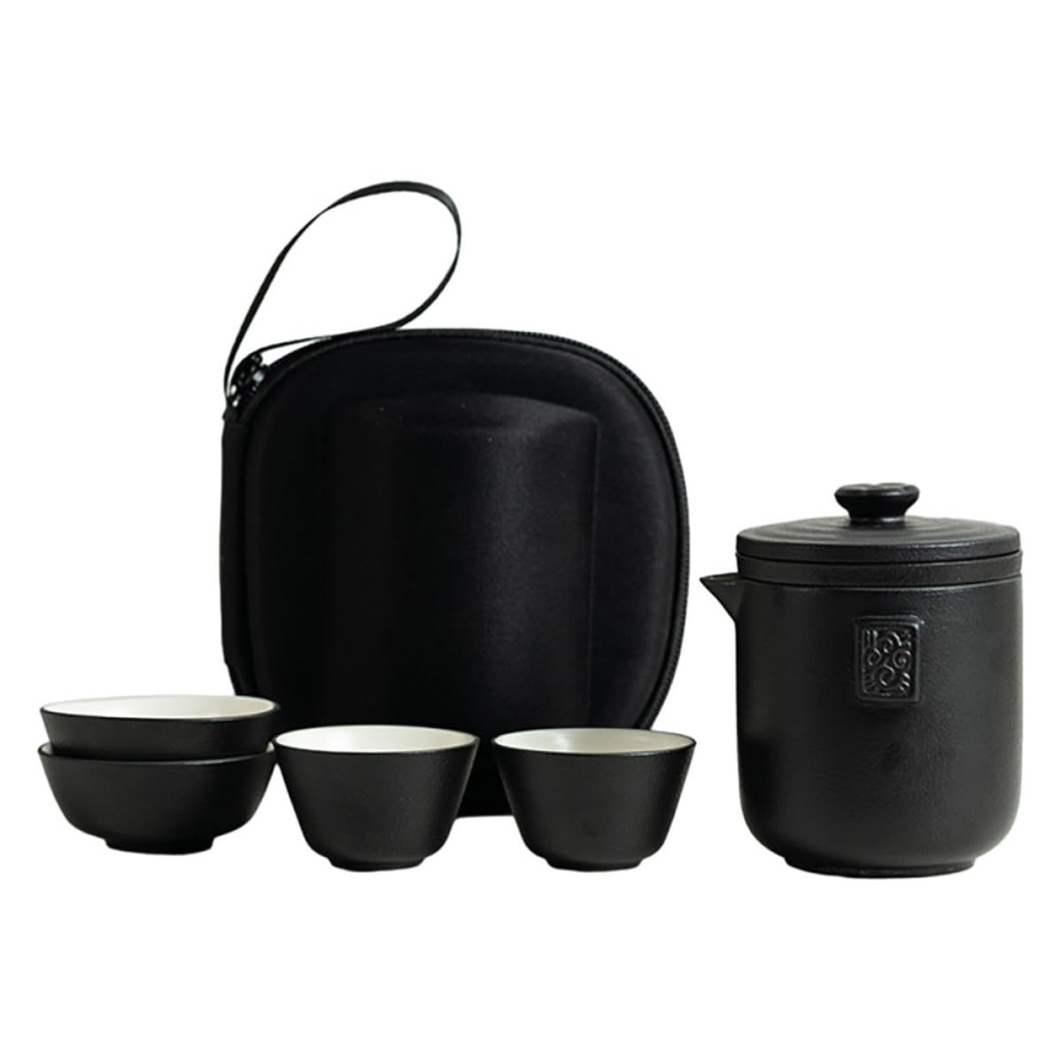 Juego de té de cerámica negro con diseño único y bolsa portátil de transporte