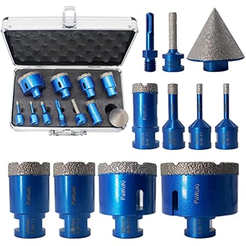 Diamond Core Drill Bit Set 11pcs Diamond Hole Saw Kit for Porcelain Tile Ceramic Marble Granite Stone,6/6/10/25/35/38/50/65mm +2" 5/8-11 Diamond Beveling Chamfer Bit +3/8" Diamond Finger Bit + Adapter Cover