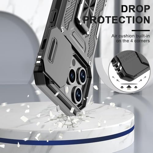 Image of Back Cover Case Compatible for Apple iPhone 15 Pro Max with Slide Camera Cover & Rotated Ring Kickstand | Military Grade Mobile Phone Cover Case for Apple iPhone 15 Pro Max (Black)