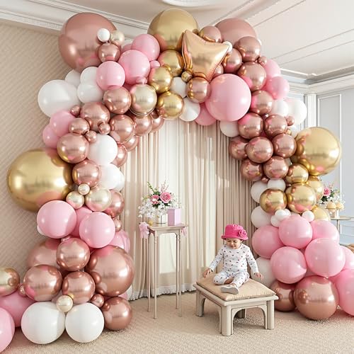 Image of 412Pcs Rose Gold Balloon Garland Arch Kit,18 12 10 5 Inch Nude Pastel Pink Metallic Gold White Balloons for Women Girls Birthday Bridal Baby Shower Decorations