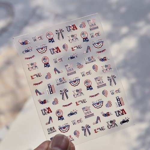 Image of Red Blue Nail Atickers American Flag Nail Art Stickers 5D Embossed Self Adhesive Patriotic Nail Decals with Design for Women Girls Kid Maniucre DIY Decoration Accessories