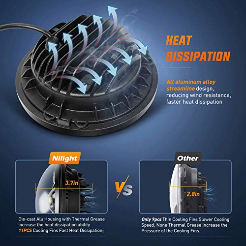 Nilight 2Pcs 7 Inch Round Cree Led Headlight High Low Beam For Wrangler Jk Tj Cj 1997-2017 Rubicon Sahara Hummber H1 H2 Motorbikes, 2 Years Warranty #TOP2