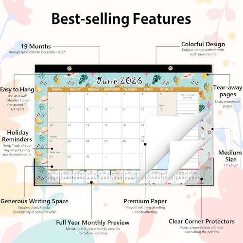 Image of GuassLee Desk Calendar 2026-2027, Desktop Calendar Monthly Pages 17 inch x 11.5 inch Runs from Jun.2026 to Dec. 2027-19 Monthly Hanging Calendar with Corner Protectors for School, Home and Office