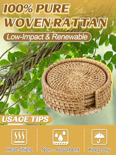 Image of 4Pcs Handmade Natural Rattan Coasters Set with Holder, Boho Coastal Decor | Farmhouse Aesthetic Drink Coasters, Home Kitchen Beach Decor, Housewarming Gifts