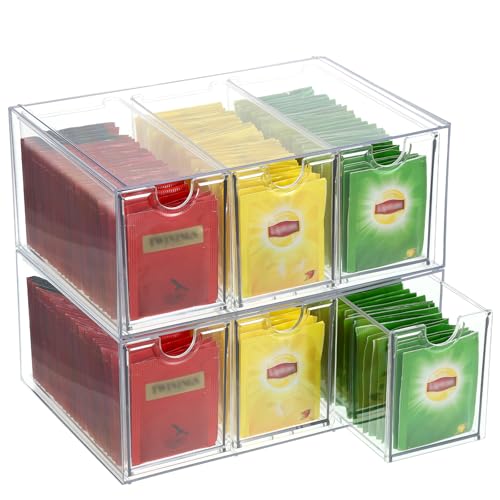 HFYZZ 6 Drawers Tea Bag Organizer, Clear Acrylic Tea Bag Storage Organizer, Stackable Tea Packet Drawers Holder for Cabinet, Pantry, Kitchen, Countertop
