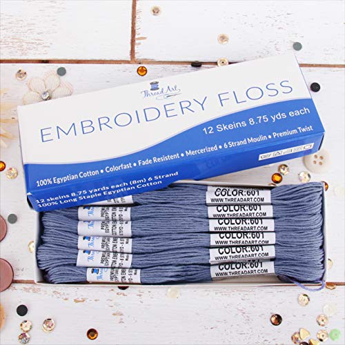 Image of 12 Skeins ThreadArt Cotton Embroidery Floss, Dusty Blue | Long fiber cotton embroidery floss for cross stitch, hand embroidery and bracelets. Six-strand floss separates easily.