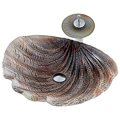 IYUESQ Lavabo de encimera de Vidrio Templado, Lavabo con Forma de Concha, Lavabo y Grifo de latón Original para baño, para remodelación de baño, B
