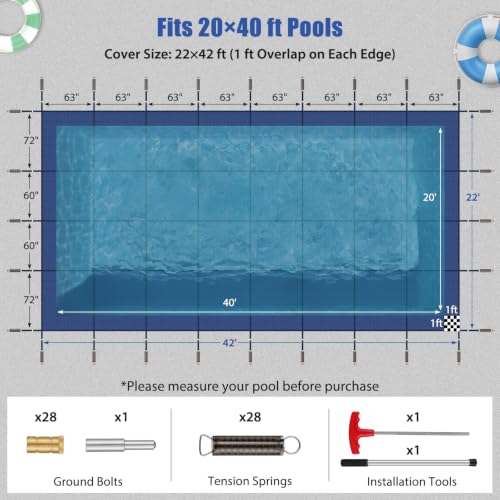 Image of Inground Pool Cover Safety Fits Rectangle Swimming Pool, Mesh Solid Pool Cover for Inground Pools,Winter Pool Safety Cover Includes Safety Net and Installation Tools Blue (Blue, Fits 20x40ft Pools)