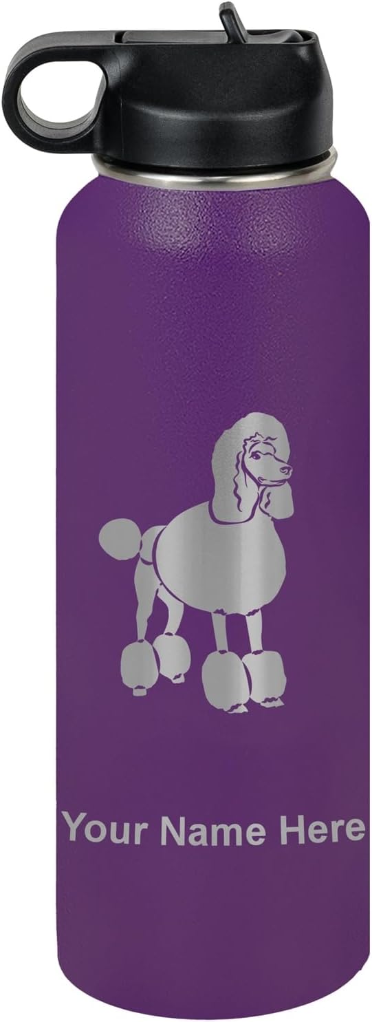 LaserGram Personalized Water Bottle, French Poodle Dog, Stainless Steel Double Wall Vacuum Insulated with Flip Top Straw, Custom Engraved Gift (40oz / 1180ml Dark Purple)