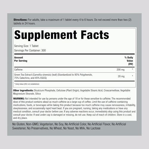 Piping Rock Caffeine Pills 220mg | 300 Tablets | with Green Tea Extract | Vegetarian, Non-GMO, Gluten Free Supplement