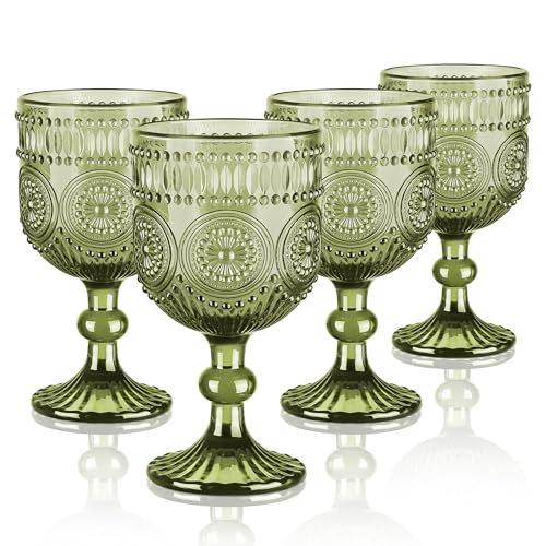 Joeyan 350ml Vintage Weingläser Set von 4, Grün Sonnenblumen Relief Kelche – Ansicht 1