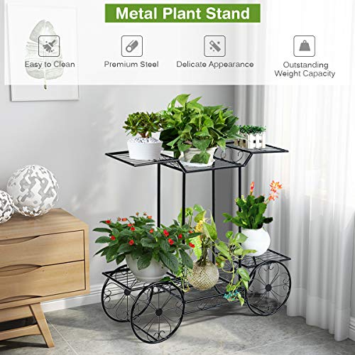 Giantex Flower Cart Metal Plant Stand With 4 Decorative Wheels, Garden Cart Iron Flower Display Rack W/ 6 Pots, Multi Flower Planter Potted Holder Organizer For Indoor Outdoor Balcony Patio Garden (6-Tier) #TOP2