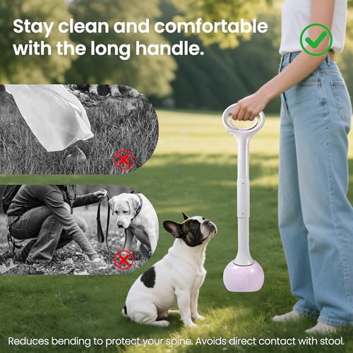 Image of Dog Pooper Scooper Portable with Bag Attachment, One Handed Foldable Design, Includes 120 Waste Bags and Dispenser, 28 Inch Handle for Grass Yard Gravel Cleanup (Purple)