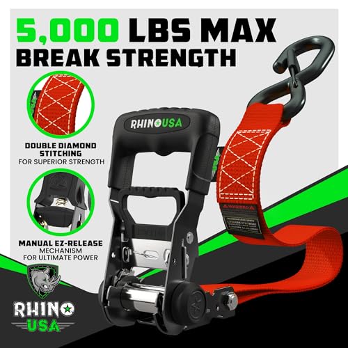 Image of Rhino USA Heavy Duty Ratchet Tie Downs (2-Pack) - 1.6in x 8ft, 5,000lb