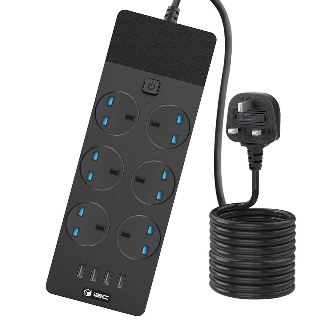 UK Extension Lead with 4 (2.1A) USB Slots, 6 Gang Electrical Sockets & Built-in Fuse, Surge & Shutter Protected 2M/6.5FT Wall Mount Extension Cable (Black)