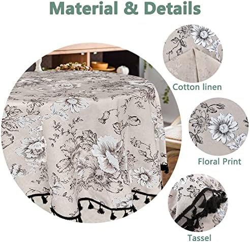 DINGC Round Tablecloth Floral Print Cotton Linen, Round Table Cloth Tassel Washable, Round Tablecloth Decorate Wipe Clean used of Dining Table, Living Room, Picnic 150cm/59in (Beige), Black Tassel