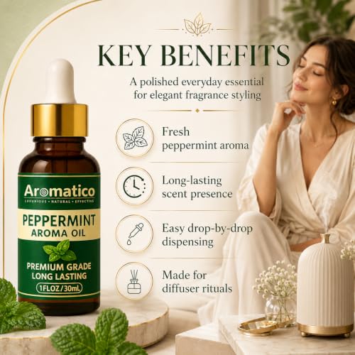 Image of AROMATICO Peppermint Diffuser Oil, Premium Home Fragrance Oil for Aromatherapy, Meditation & Concentration | Versatile Use in Diffusers, Air Fresheners 30ml