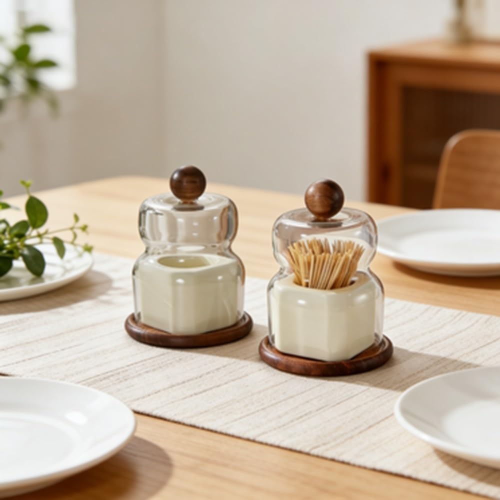 toothpick box Toothpick Holder for Dining Table Kitchen Office Decoration Walnut & Ceramic Toothpick Holders(Black)