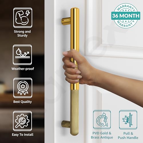 Image of Plantex Door Handle /14 Inch Main Door Handle /Stainless Steel and Aluminium Door Handle /Pull-Push Door Handle /Door Accessories (Pack of 1, Brass Antique, Gold)