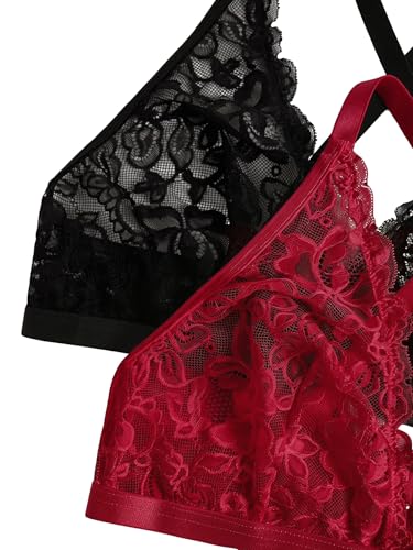 Image of MakeMeChic Women's Plus Size Lace Bralette Front Closure Bras Wireless Deep V Triangle Sexy Lace Bra