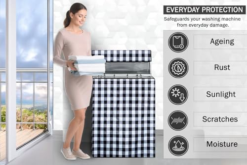 Image of Stylista PVC Washing Machine Cover Compatible for Whirlpool 7.5 KG Fully-Automatic Top Load Stainwash Deep Clean, Gingham Pattern Black & White