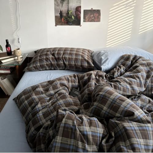 Image of Plaid Duvet Cover Set Queen Size 3 Piece Blue Brown Buffalo Plaid Comforter Cover Vintage Grid Checkered Pattern Soft Breathable Microfiber Bedding Set with Zipper Closure and 2 Pillowcases