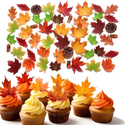 50 Pcs Edible Cake Decorations Cupcake Toppers Fall Maple Leaves Pine Cones