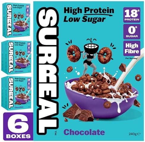 Surreal Chocolate Cereal - High Protein Cereal 6 Pack - Zero Sugar- Healthy Plant Based Cereal - High in Fibre - Low Carb - Gluten Free - Vegan - 18g of Protein, 0g of Sugar - 240g per Box