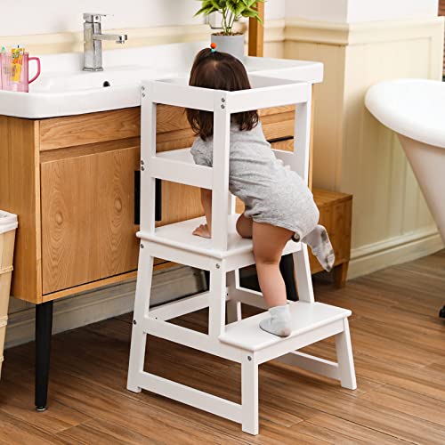 image for Wiifo Kids Kitchen Step Stool for Kids with Safety Rail,Solid Wood Con
