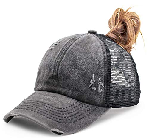 KKMKSHHG Ponytail Baseball Cap for Womens, Adjustable Vintage Trucker Washed Denim Dad Hat, Distressed High Mesh Messy Bun Velcro Ponycap