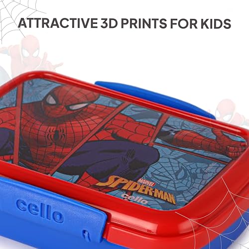Image of CELLO Lunch On Spiderman Design Kids Combo Set Blue | Inner Compartment Lunch Box with Insulated Water Bottle Leak Proof Airtight Lightweight 3D Print Tiffin Box Bottle Set for School Kids Boys Girls