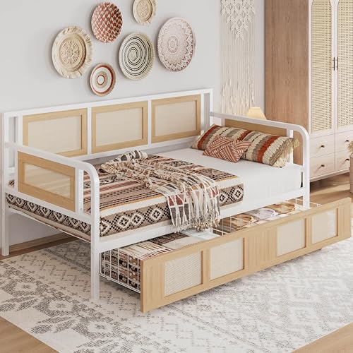 ANCTOR Twin Daybed, Day Bed Frame with Storage Drawers, Rattan Boho Corner Bed Frames with Strong Supports, Sofa DayBed for Living Room, Bedroom, and Guest Room, White