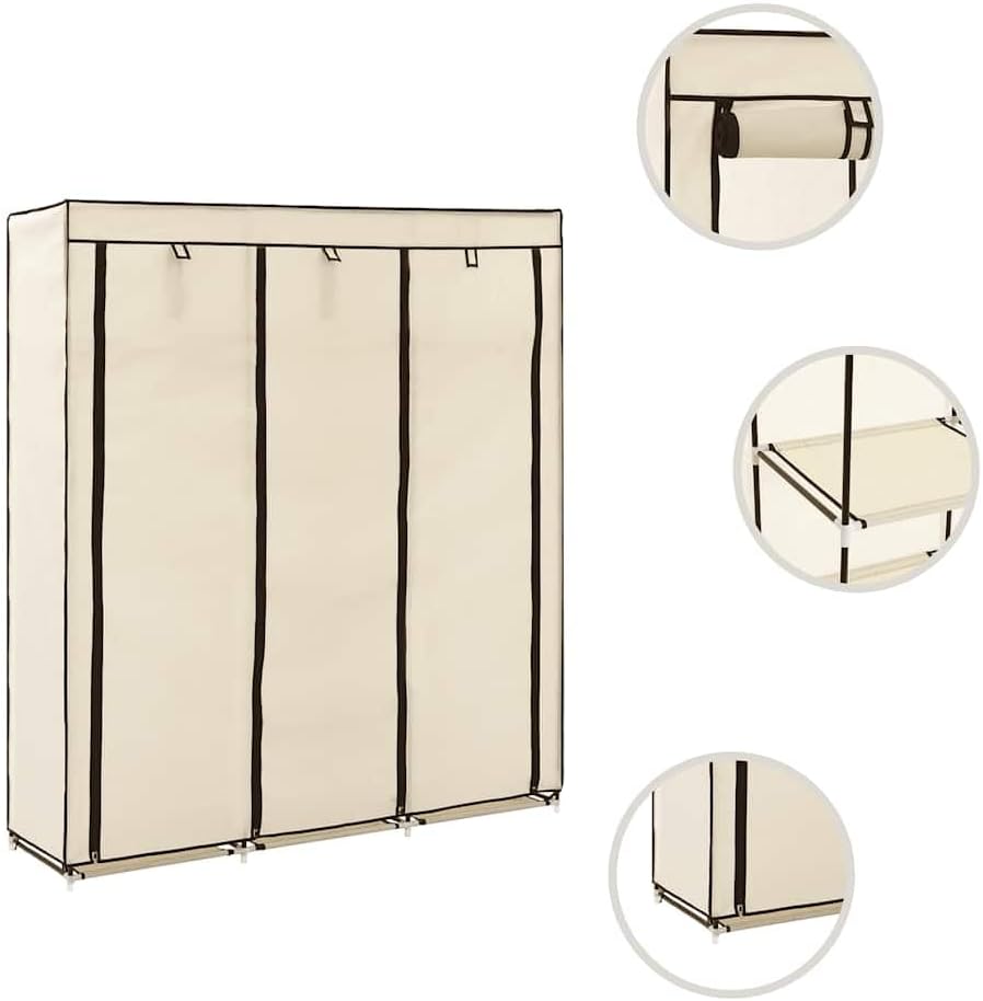 vidaXL Clothing Rack, Portable Wardrobe Closet for Bedroom, Clothes Storage Organizer with Compartments and Rods, Modern Style, Cream Fabric