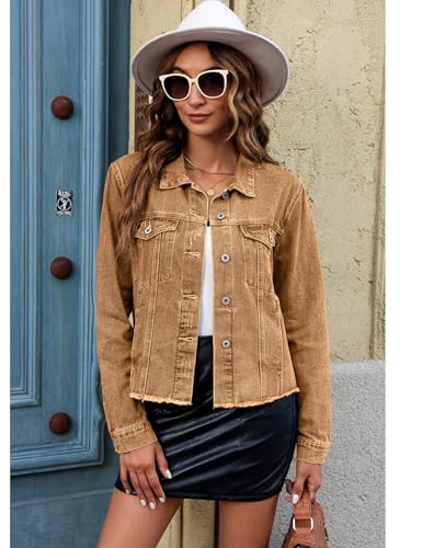 Image of luvamia Denim Jacket for Women Distressed Jean Jackets Button Up Vintage Western Trucker Jacket Frayed Hem Pockets