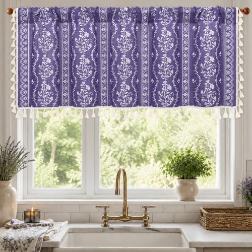 Image of Yinhua Boho Valance Curtains Vintage Linen Kitchen Valances for Windows Light Filtering Bohemian Floral Valance Rod Pocket Tassel Window Valances for Bathroom Cafe, 52 inch W X 18 inch L, Purple