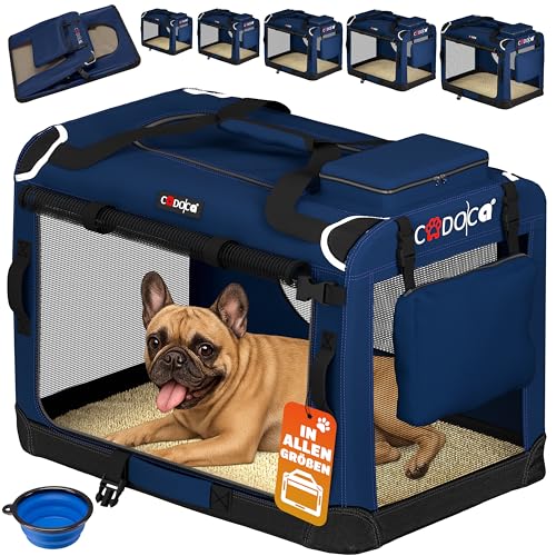 CADOCA® Hundebox faltbar Transportbox M 60x42x44cm robust atmungsaktiv Transporttasche Auto Rückbank Haustiertransportbox Hundetragetasche Navyblau