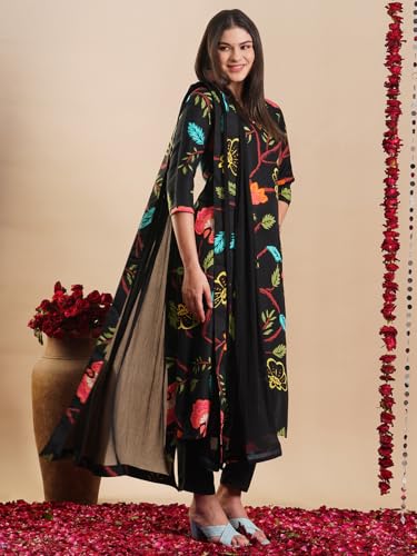 Image of GoSriKi Women's Rayon Blend Straight Printed Kurta with Pant & Dupatta