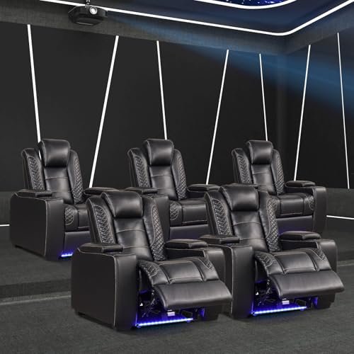 Image of ANJ Power Recliner Chairs Set of 5 for Adults, PU Leather Home Theater Seating with Adjustable Powered Headrest,LED,Storage,USB,Cup Holders,Black