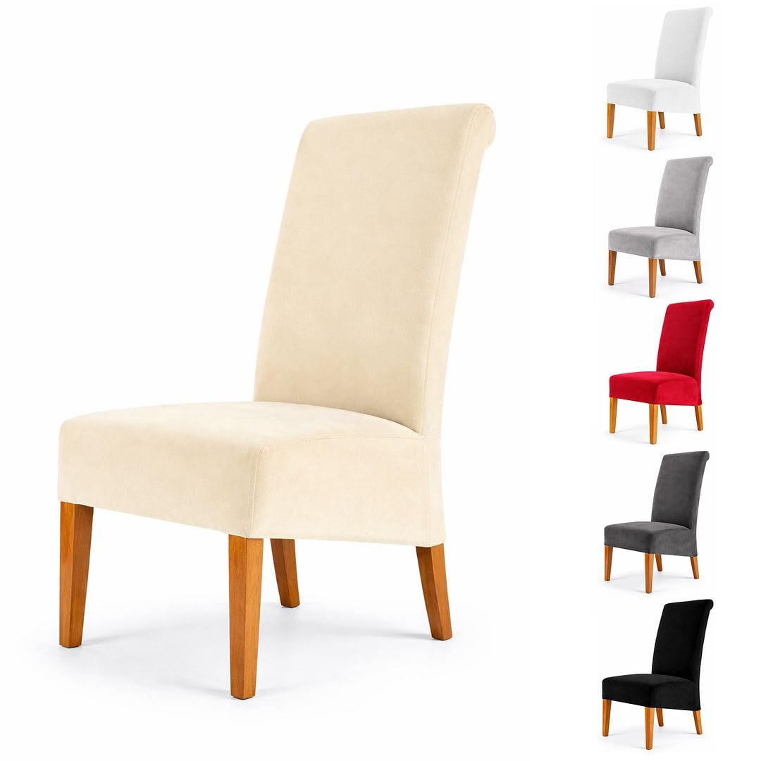John Aird Velvet Dining Chair Covers Stretch Slipcovers – Soft Plush Seat & Back Protector, Removable Washable Chair Cover for Kitchen Dining Room Wedding Function Hotel Party (Cream, Pack Of 2)