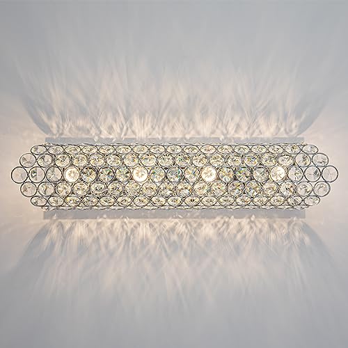 Image of 4-Light Long Strip Crystal Wall Sconce,Modern Luxury Chrome Wall Light with Shader Wall Lamp for Hallway Bedroom Living Room Bathroom Bedside Kitchen